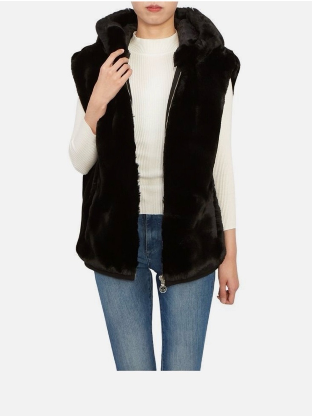 Moose Knuckles Black Faux Fur Hooded Vest